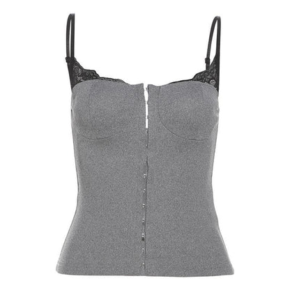 Ribbed lace hem button cami top