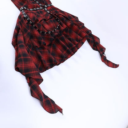 Ruffle plaid zip-up irregular one shoulder backless mini dress | victorian gothic dresses