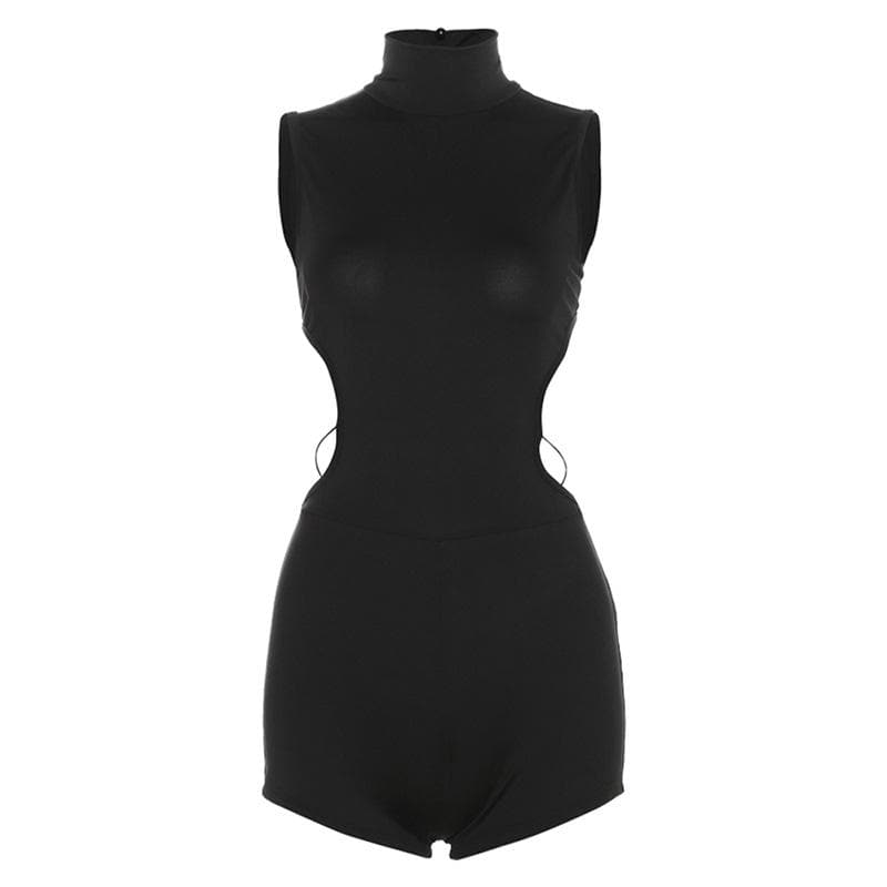 Sleeveless high neck button backless romper