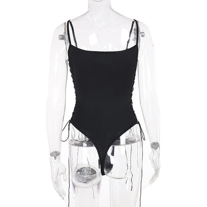 V neck lace up hollow out solid cami bodysuit