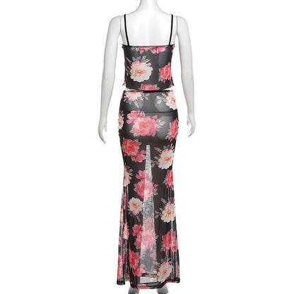 Sheer mesh flower print ruffle v neck cami skirt set