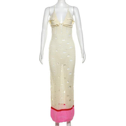 V neck knitted hollow out lace up cut out maxi dress