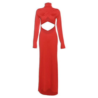 Hollow out solid long sleeve high neck zip-up cut out maxi dress-final-sale
