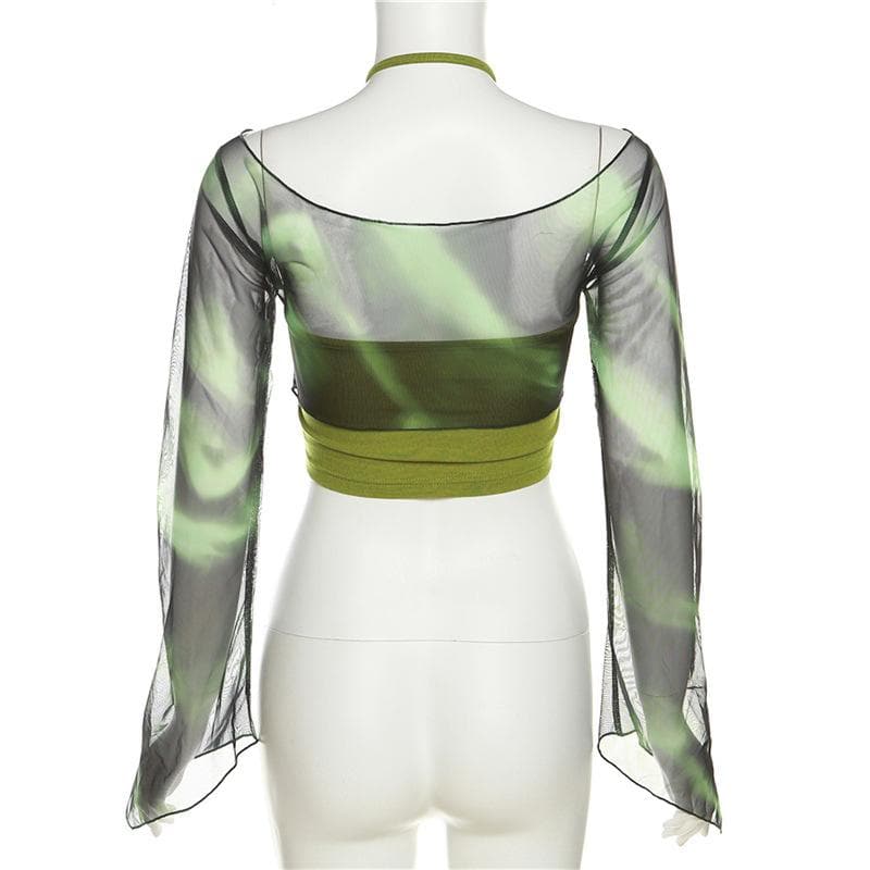 Halter drawstring mesh flared sleeve tie dye 2 piece crop top