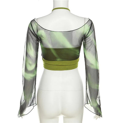 Halter drawstring mesh flared sleeve tie dye 2 piece crop top