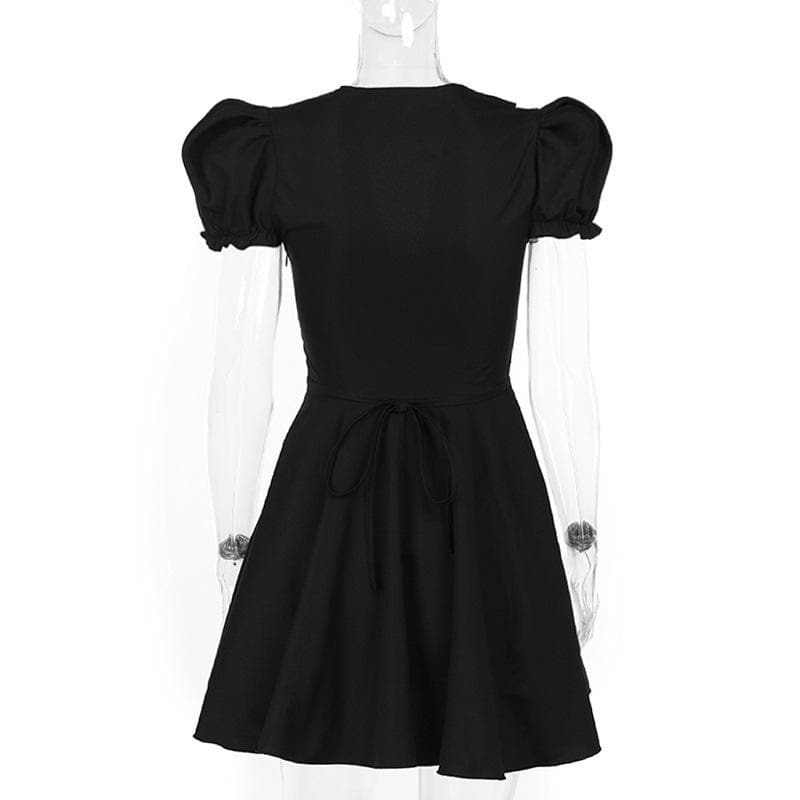 Short puff sleeve ruffle v neck self tie mini dress