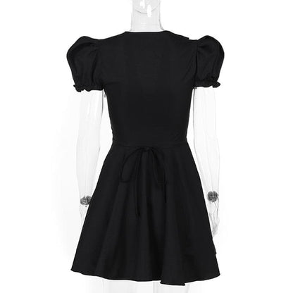 Short puff sleeve ruffle v neck self tie mini dress