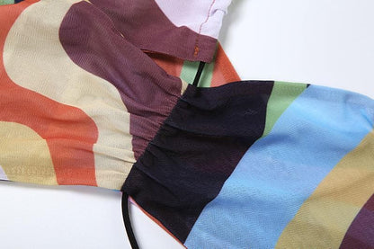 Halter print contrast high slit sheer mesh maxi dress