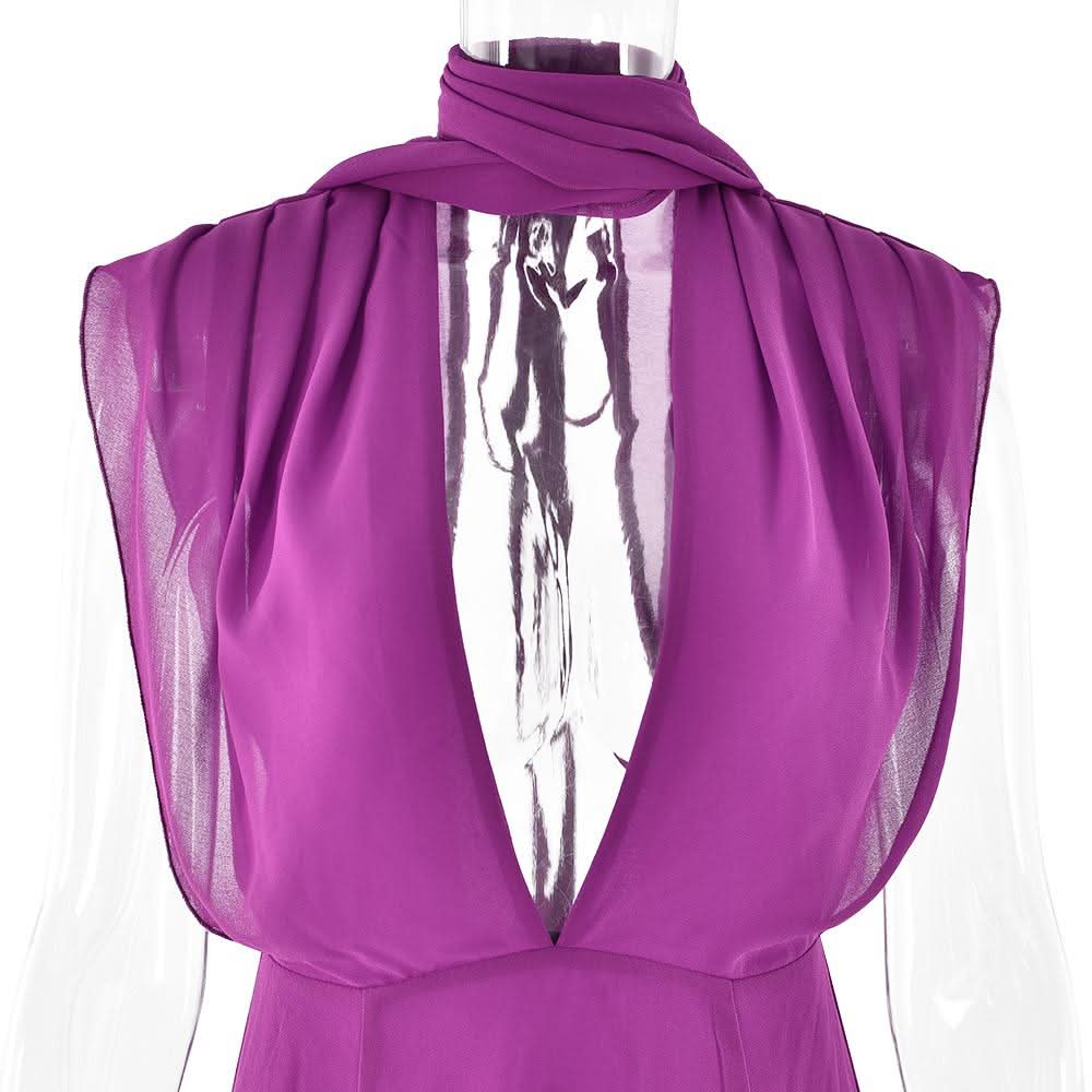 Slit deep V neck backless self tie solid maxi dress