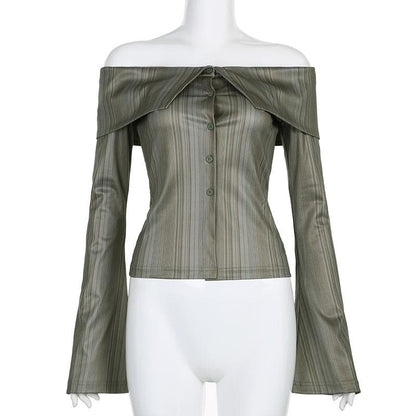 Striped off shoulder contrast long flared sleeve button top