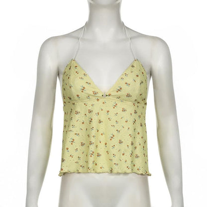 Halter v neck flower print backless textured top