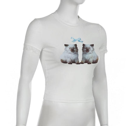 Short sleeve crewneck cats print top