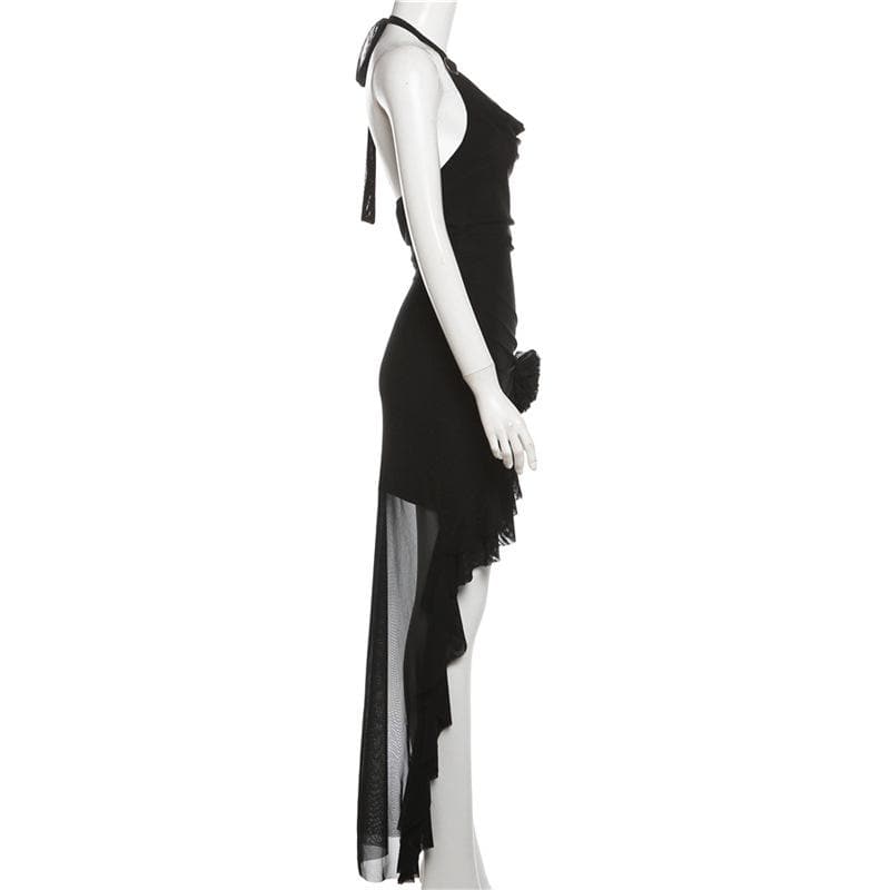 Halter cowl neck flower applique ruffle maxi dress