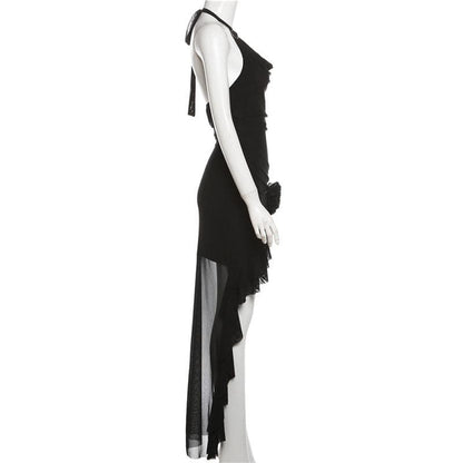 Halter cowl neck flower applique ruffle maxi dress