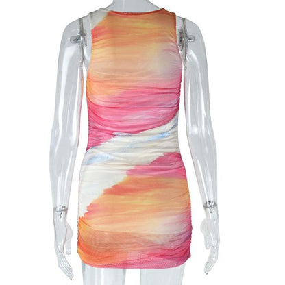Mesh gradient crewneck ruched tank mini dress