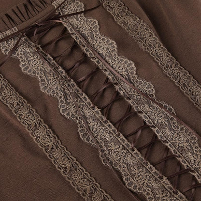 Lace up long flared sleeve ruched lace hem ruffle crop top