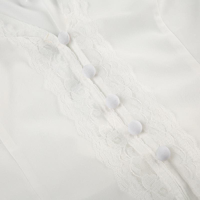 V neck button lace hem solid tank top