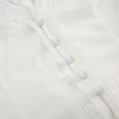V neck button lace hem solid tank top