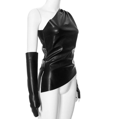 One shoulder gloves PU leather zip-up ruched top