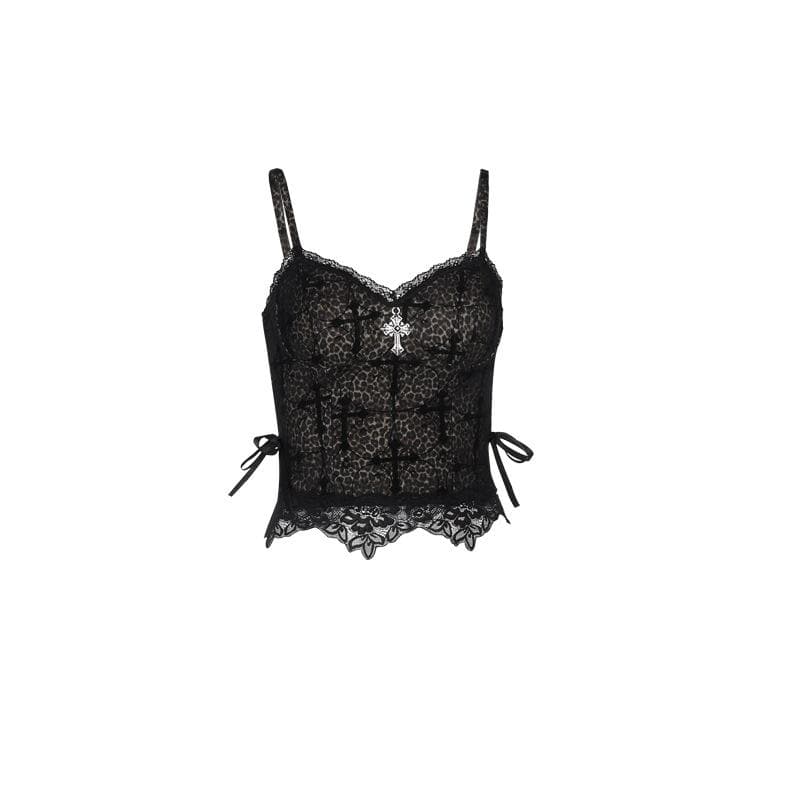 Leopard print cross pattern bowknot lace cami top