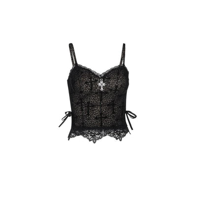 Leopard print cross pattern bowknot lace cami top