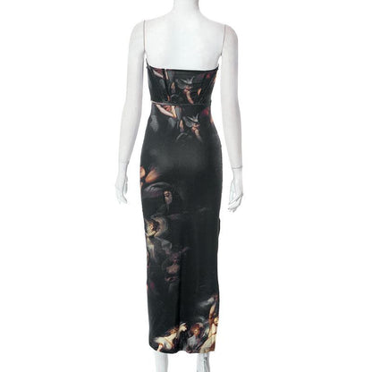 Renaissance Art Print Strapless Corset High Slit Maxi Dress