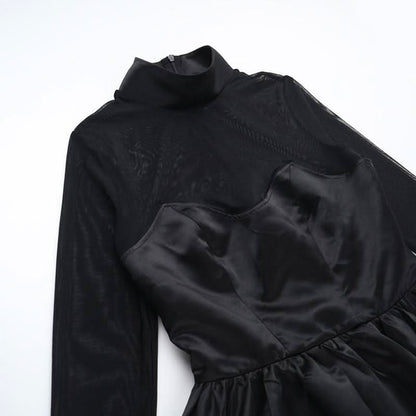 Long sleeve high neck zip-up mesh patchwork mini dress