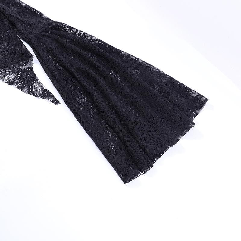Flared sleeve lace slit v neck solid crop top