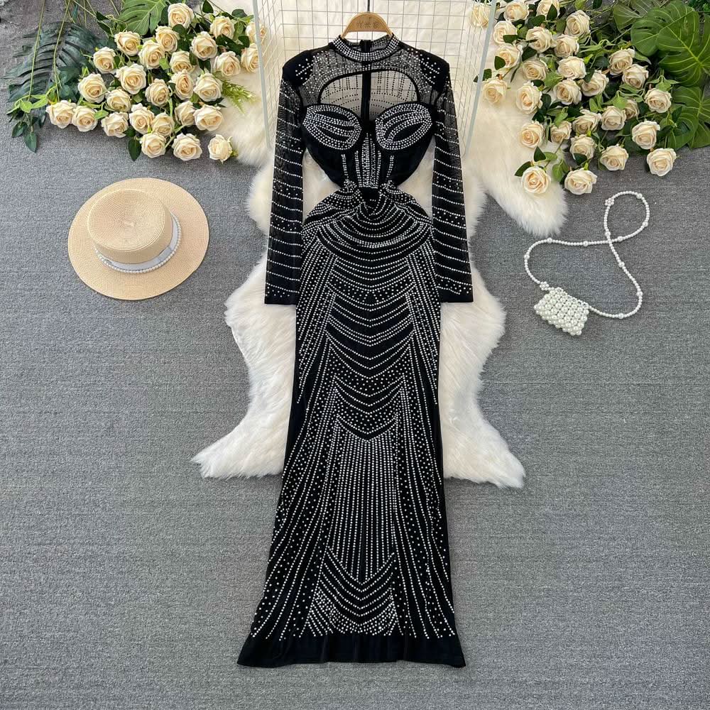 Long sleeve crewneck beaded zip-up hollow out cut out maxi dress