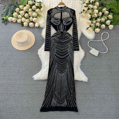 Long sleeve crewneck beaded zip-up hollow out cut out maxi dress