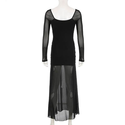 V neck long sleeve slit mesh maxi dress