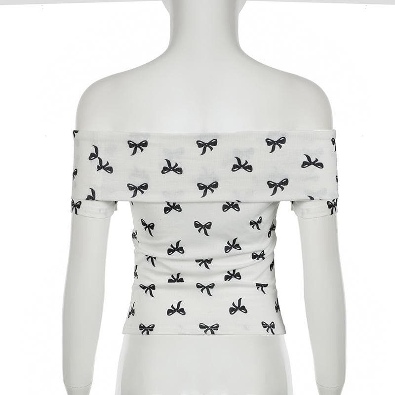 Off shoulder bowknot ribbed print top