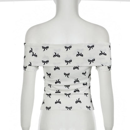Off shoulder bowknot ribbed print top