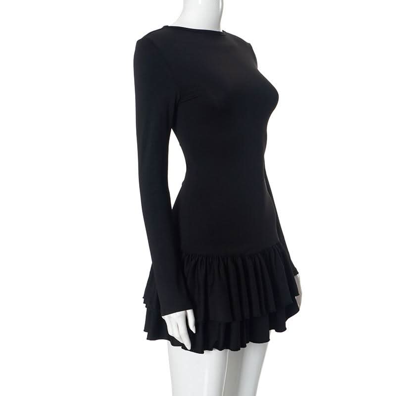 Ruched long sleeve crewneck solid mini dress