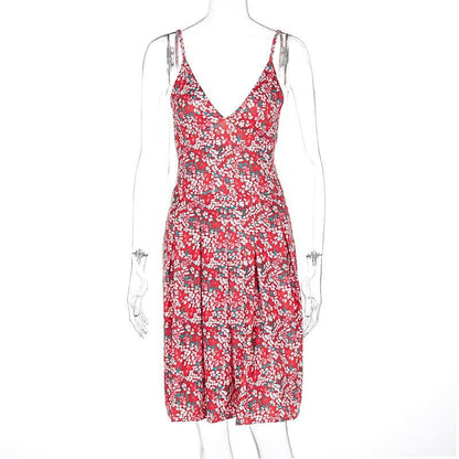 V neck flower print pleated cami mini dress