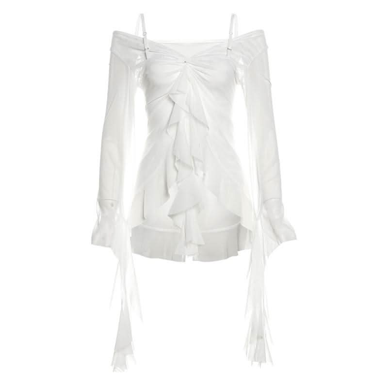 Long sleeve ruched v neck sheer mesh ruffle top