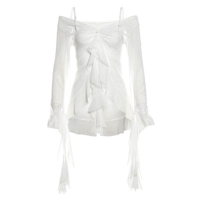 Long sleeve ruched v neck sheer mesh ruffle top