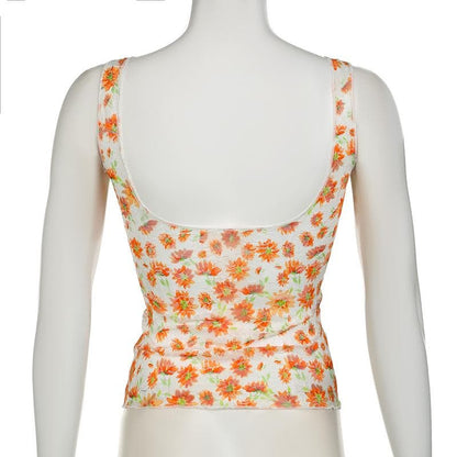 U neck flower print backless cami top