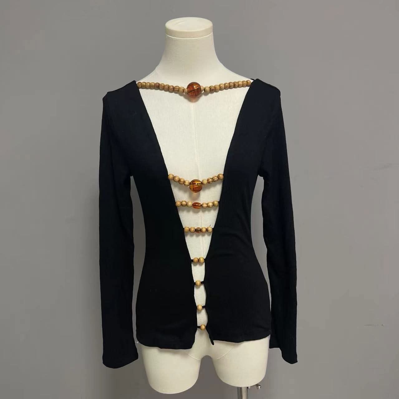 Long sleeve hollow out beaded v neck cut out top