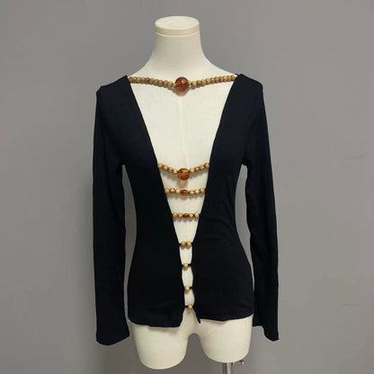Long sleeve hollow out beaded v neck cut out top