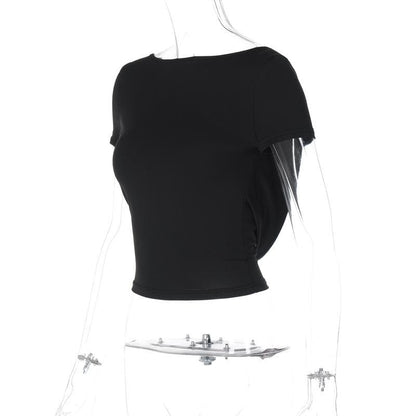 Short sleeve round neck solid backless top