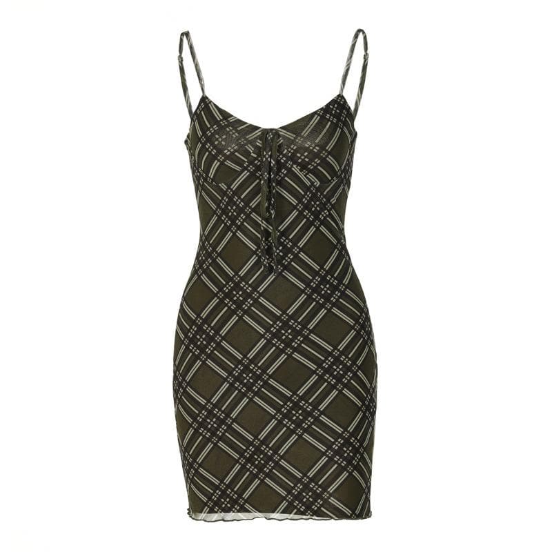 Plaid Lace-Up Front Spaghetti Strap Bodycon Cami Mini Dress