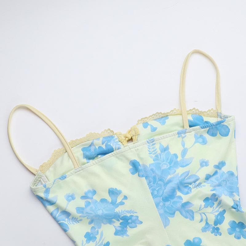 Sweetheart neck ruched lace hem flower print cami maxi dress