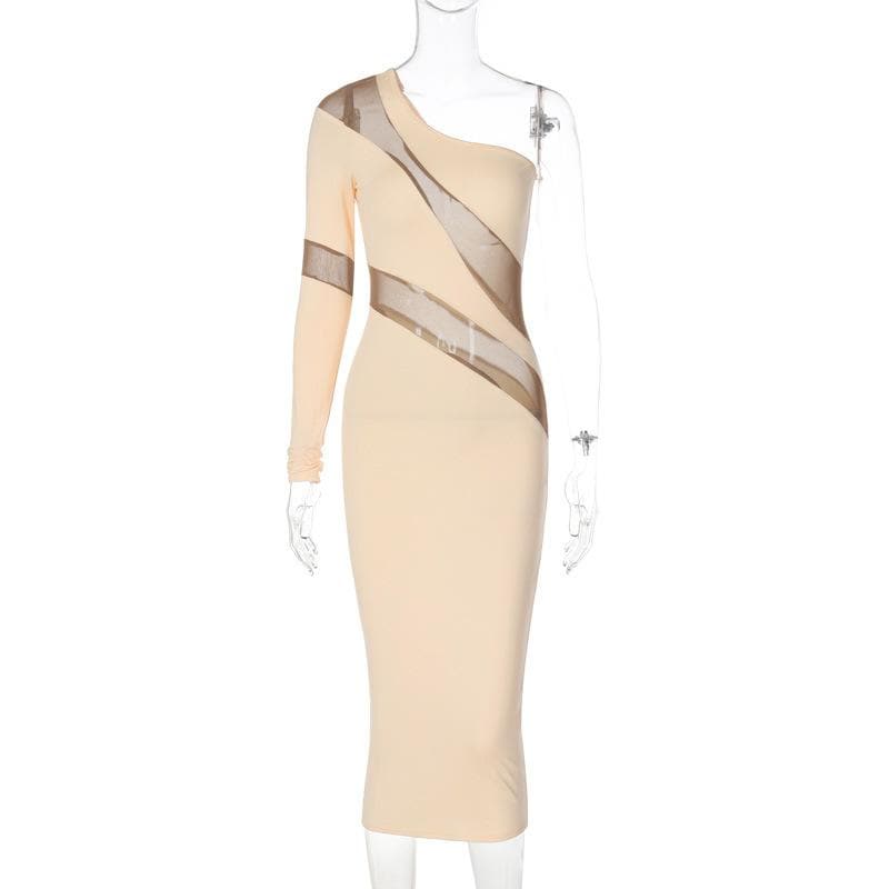 One Shoulder Long Sleeve Mesh Panel Bodycon Midi Dress