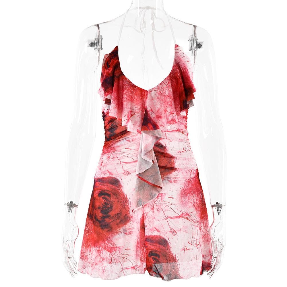Halter ruffle rose print ruched backless cami mini dress
