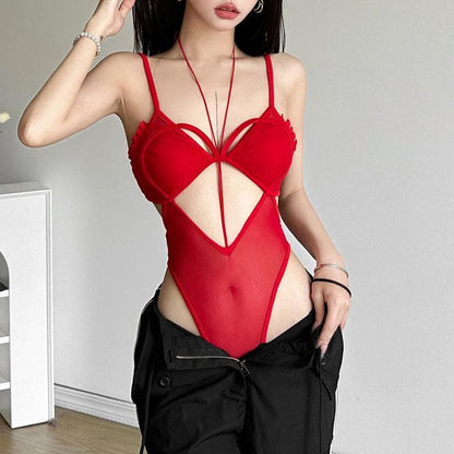 Mesh hollow out stitch ruffle solid cami bodysuit