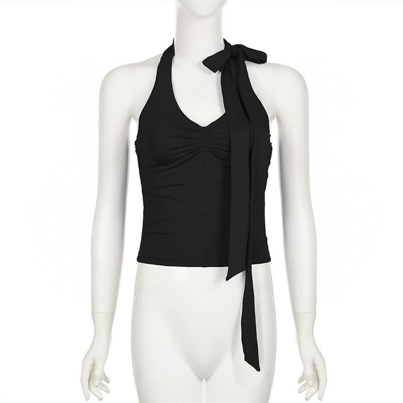 Halter knotted irregular v neck backless top