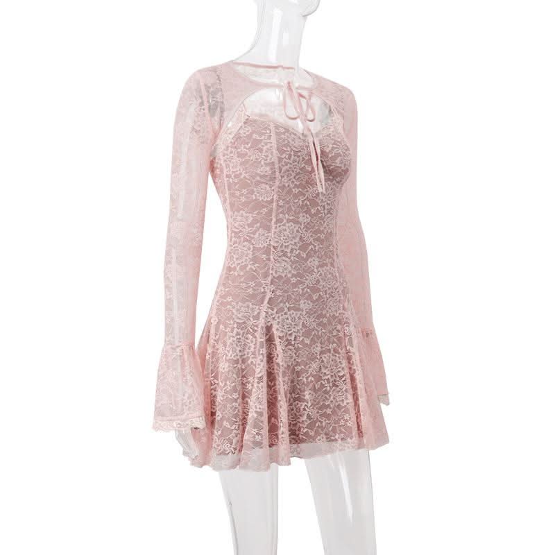 Long flared sleeve lace shrug cami mini dress