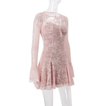 Long flared sleeve lace shrug cami mini dress