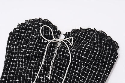 Long sleeve mesh plaid bowknot lace up shrug 2 piece mini dress